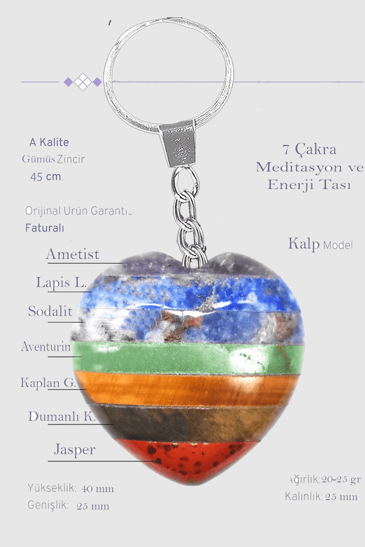 Sertifikalı Kalp Model AAA+ Kalite 7 Çakra Doğal Taş Anahtarlık