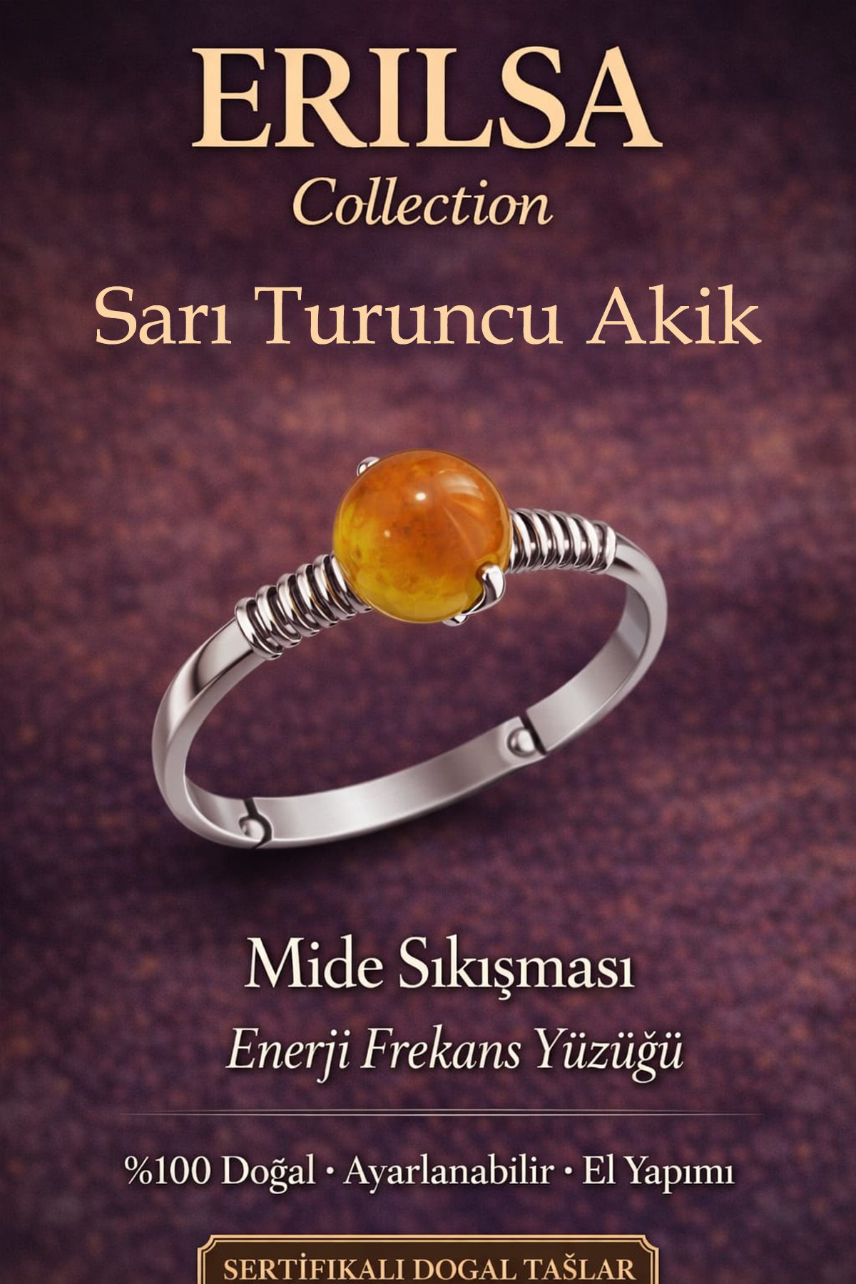 Sertifikalı Mide Sıkışması Enerji Yüzüğü – Sarı Turuncu Akik Ayarlanabilir İnce Kasa Aslan Koç Yay