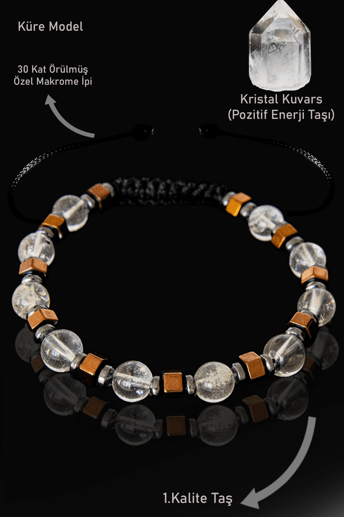 Sertifikalı Gerçek Rose Hematit - Kristal Kuvars Taşı Bileklik - 6 mm