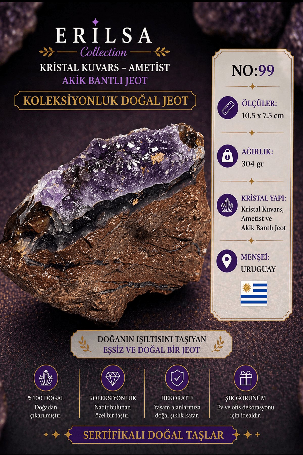 Sertifikalı Kristal Kuvars Ametist Akik Bantlı Jeot Doğal Taş Koleksiyonluk Dekoratif 10.5x7.5 NO99