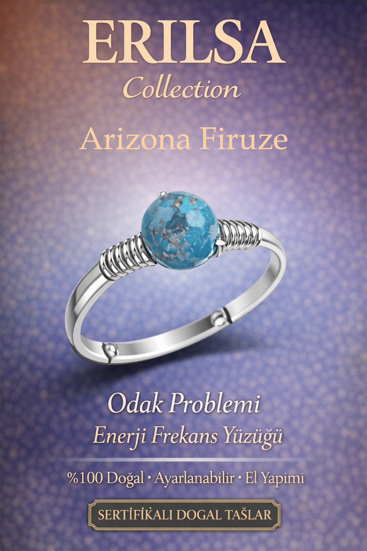 Sertifikalı Odak Güçlendirme Enerji Yüzüğü – Arizona Firuze Ayarlanabilir İnce Yay Kova Balık Burcu