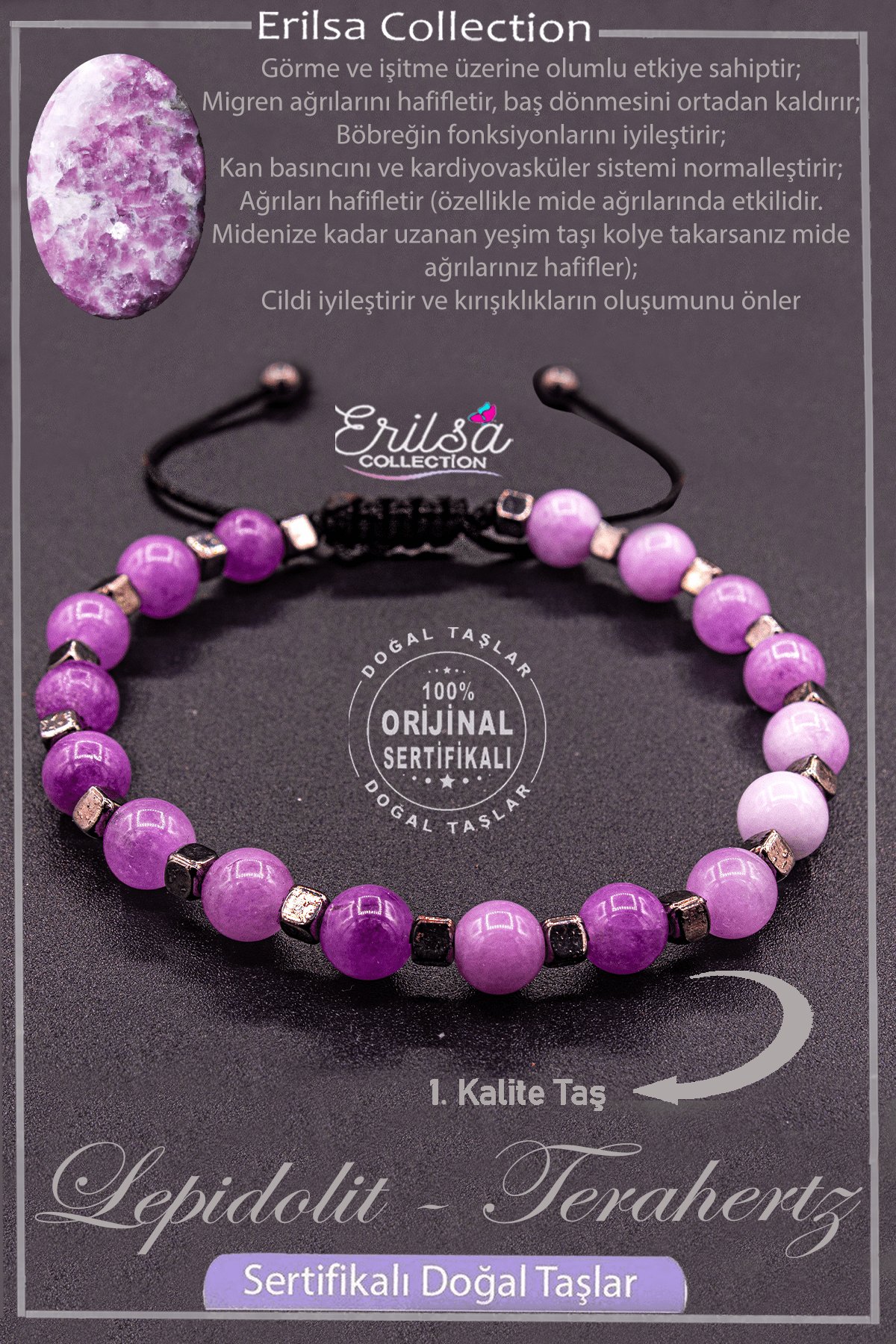 Sertifikalı AAA+ Kalite Gerçek Terahertz - Lepidolit Taşı Bileklik - Peygamber Taşı