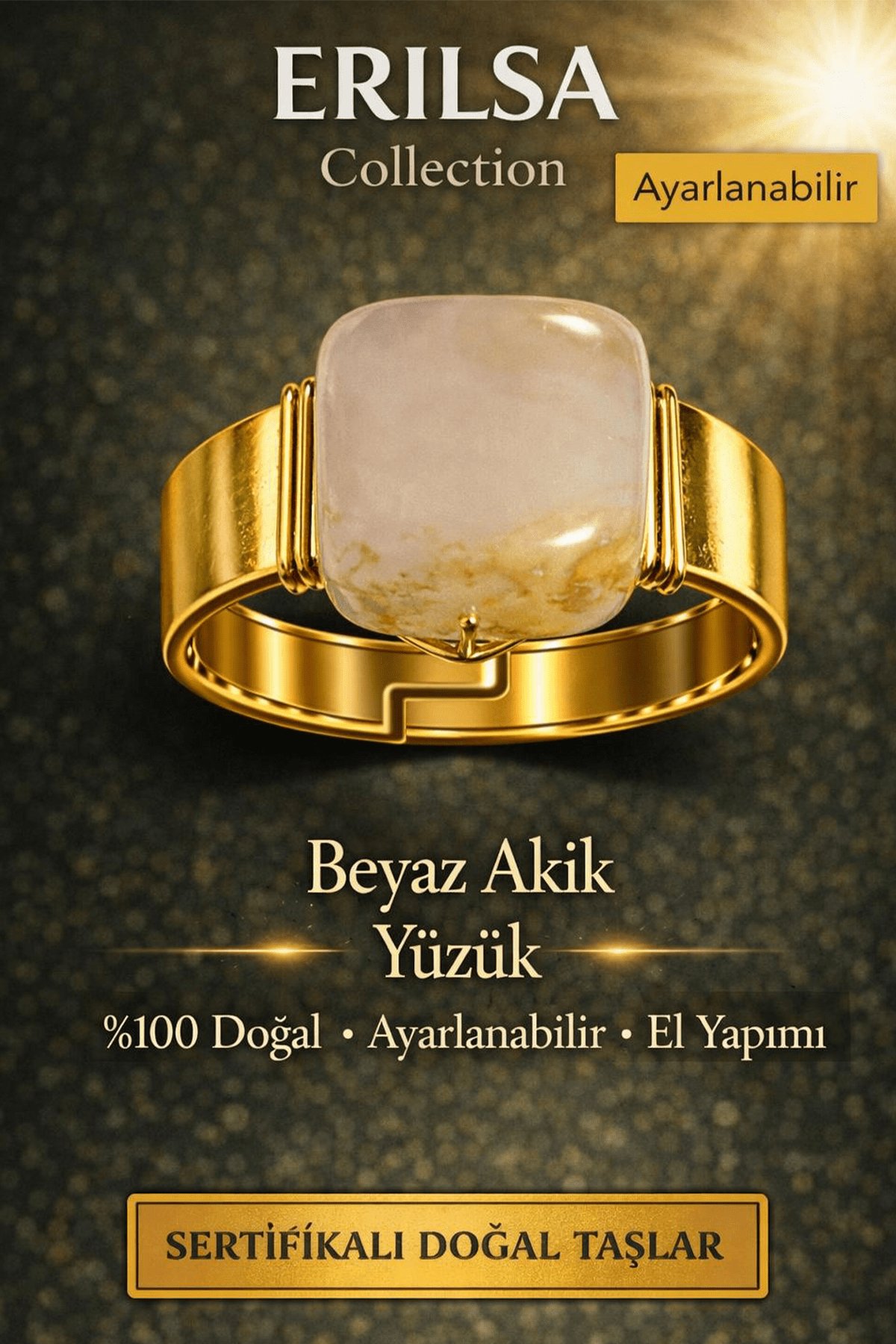 Sertifikalı Beyaz Akik Yüzük Doğal Taş Yüzük Ayarlanabilir El Yapımı Enerji Taşı