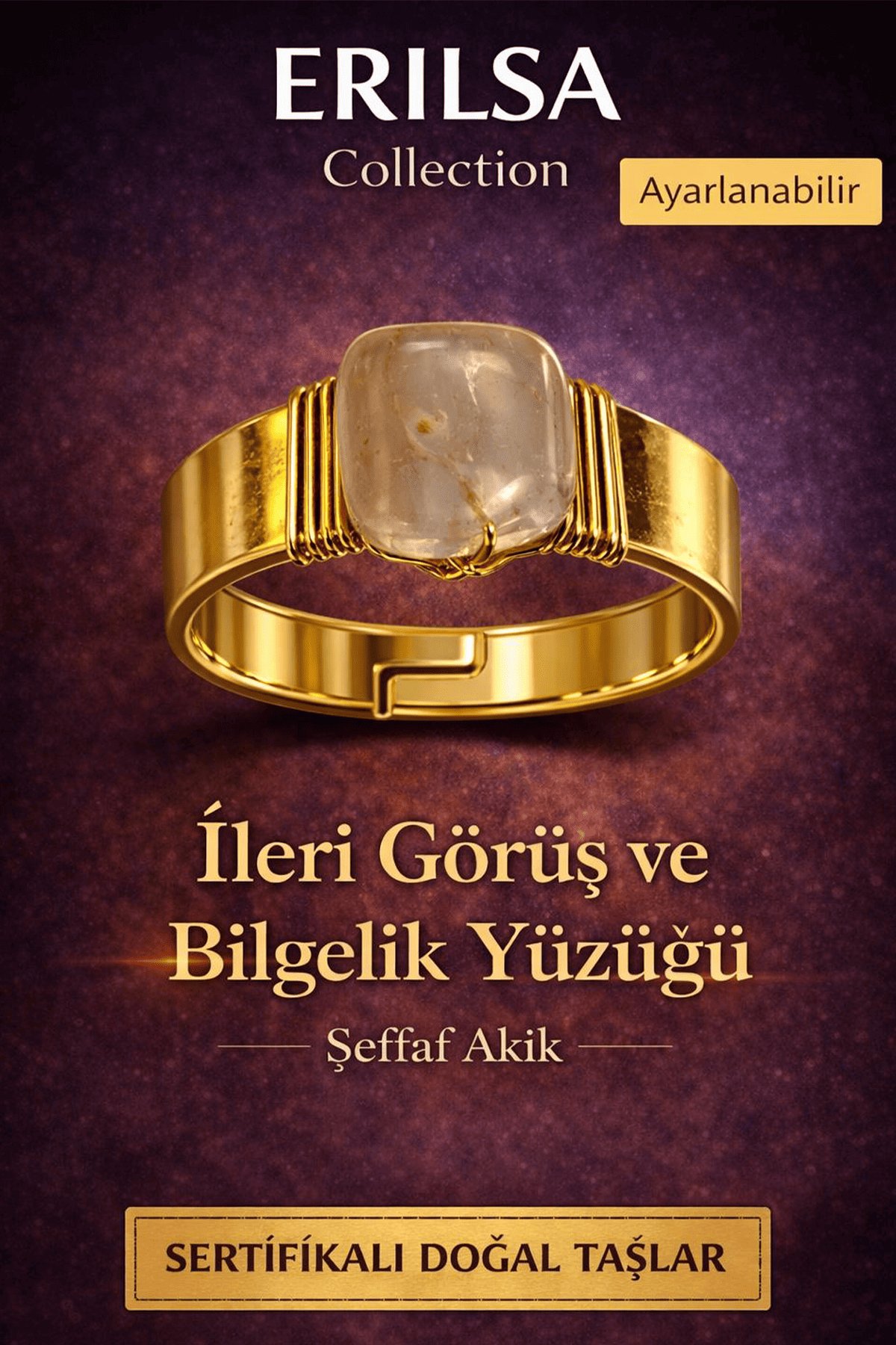 Sertifikalı Şeffaf Akik Doğal Taş Yüzük – İleri Görüş ve Bilgelik Ayarlanabilir