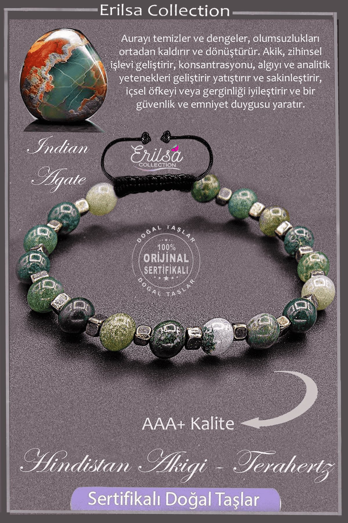 Sertifikalı AAA+ Kalite Gerçek Terahertz - Hint Akiği Bileklik - Hindistan