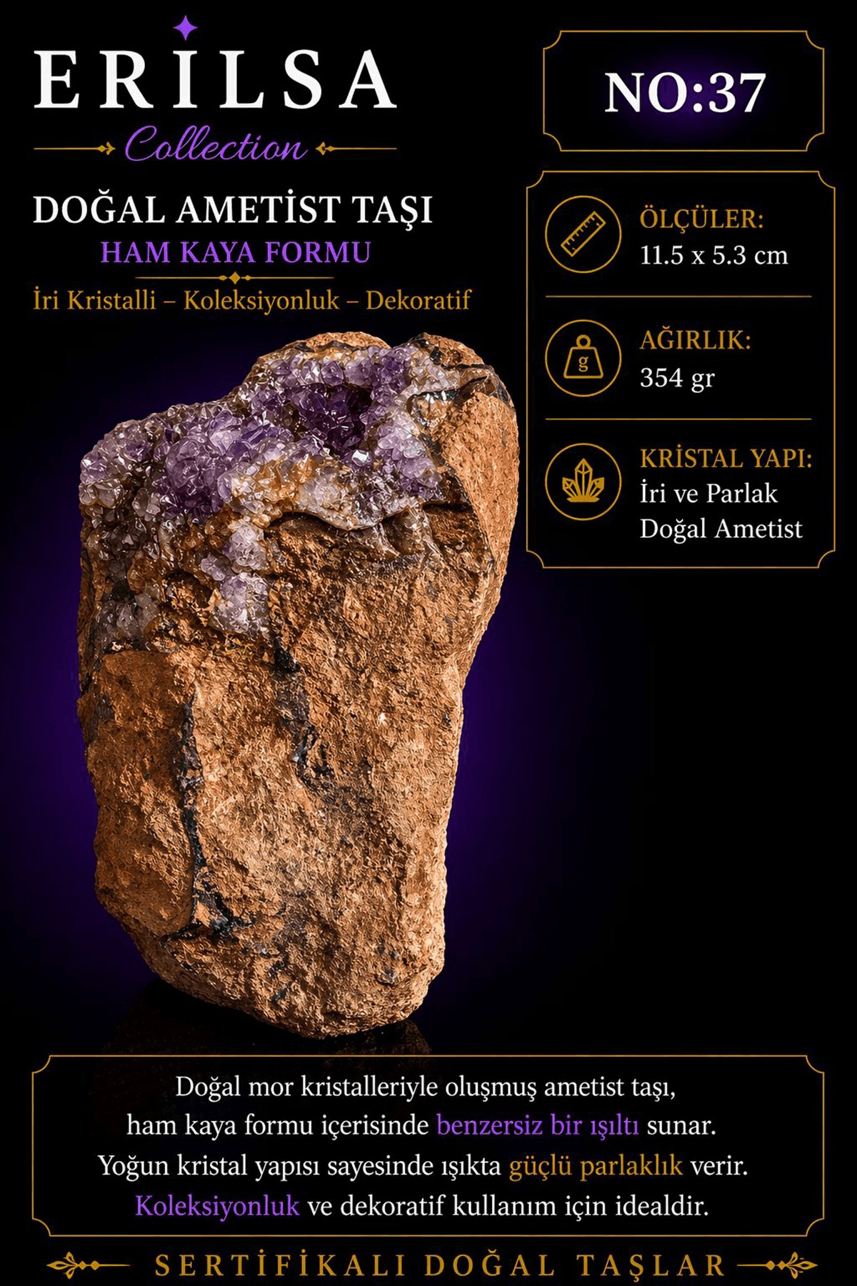 Sertifikalı Doğal Ametist Taşı İri Kristalli Ham Kaya Koleksiyonluk Dekoratif NO37