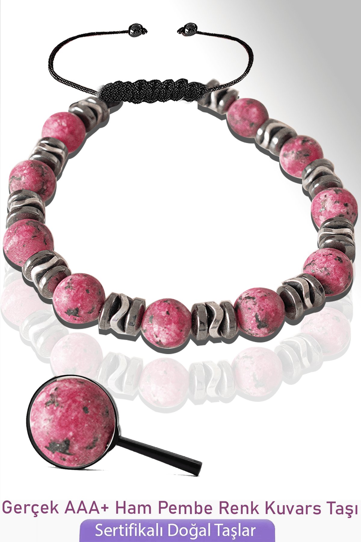 Sertifikalı Pembe Renkli Gerçek Kuvars Taşı Bileklik - Ayarlamalı