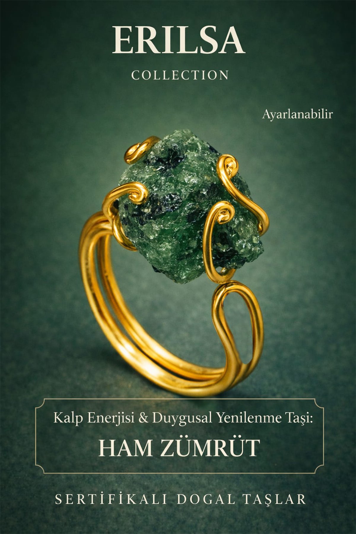 Sertifikalı Kalp Enerjisi Duygusal Yenilenme Enerji Yüzüğü – Ham Zümrüt  Taşı – Ayarlamalı