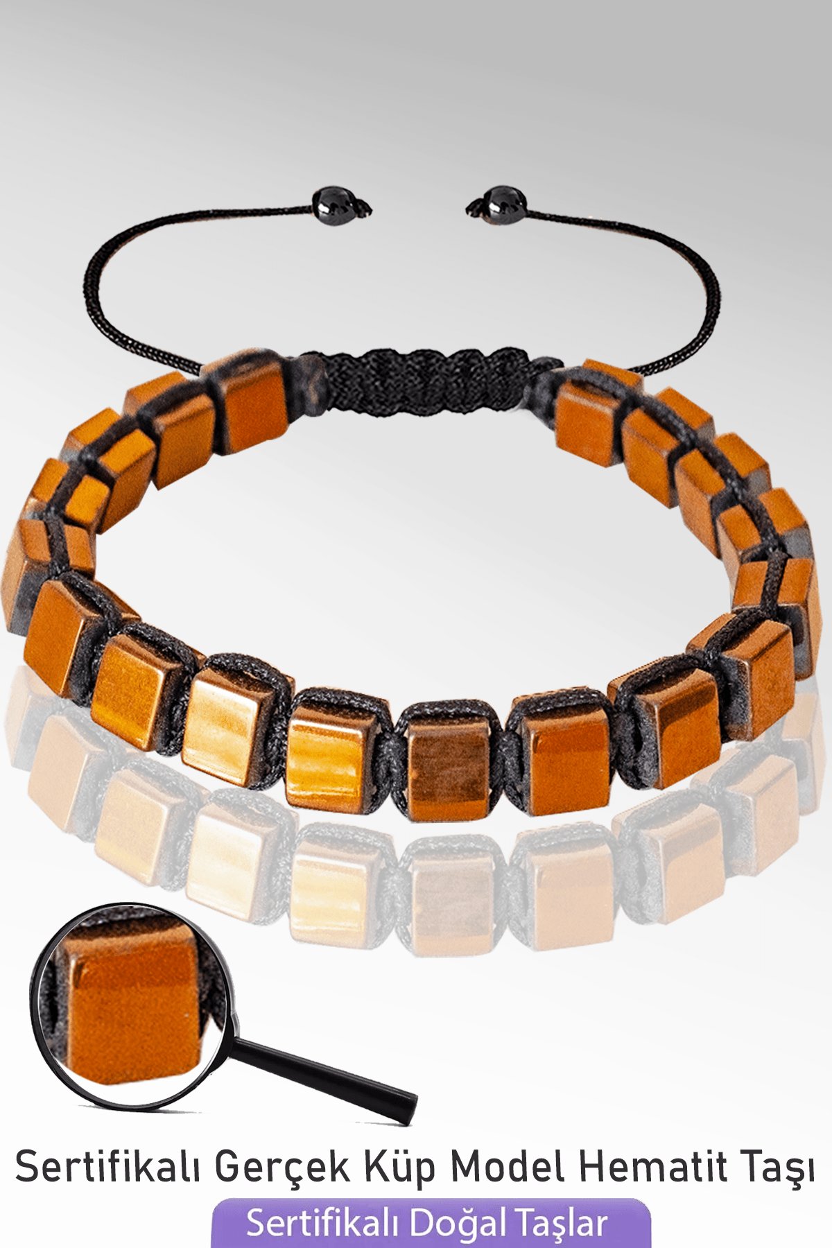 Sertifikalı Küp Model Rose Hematit Taşı Bileklik - Ayarlamalı