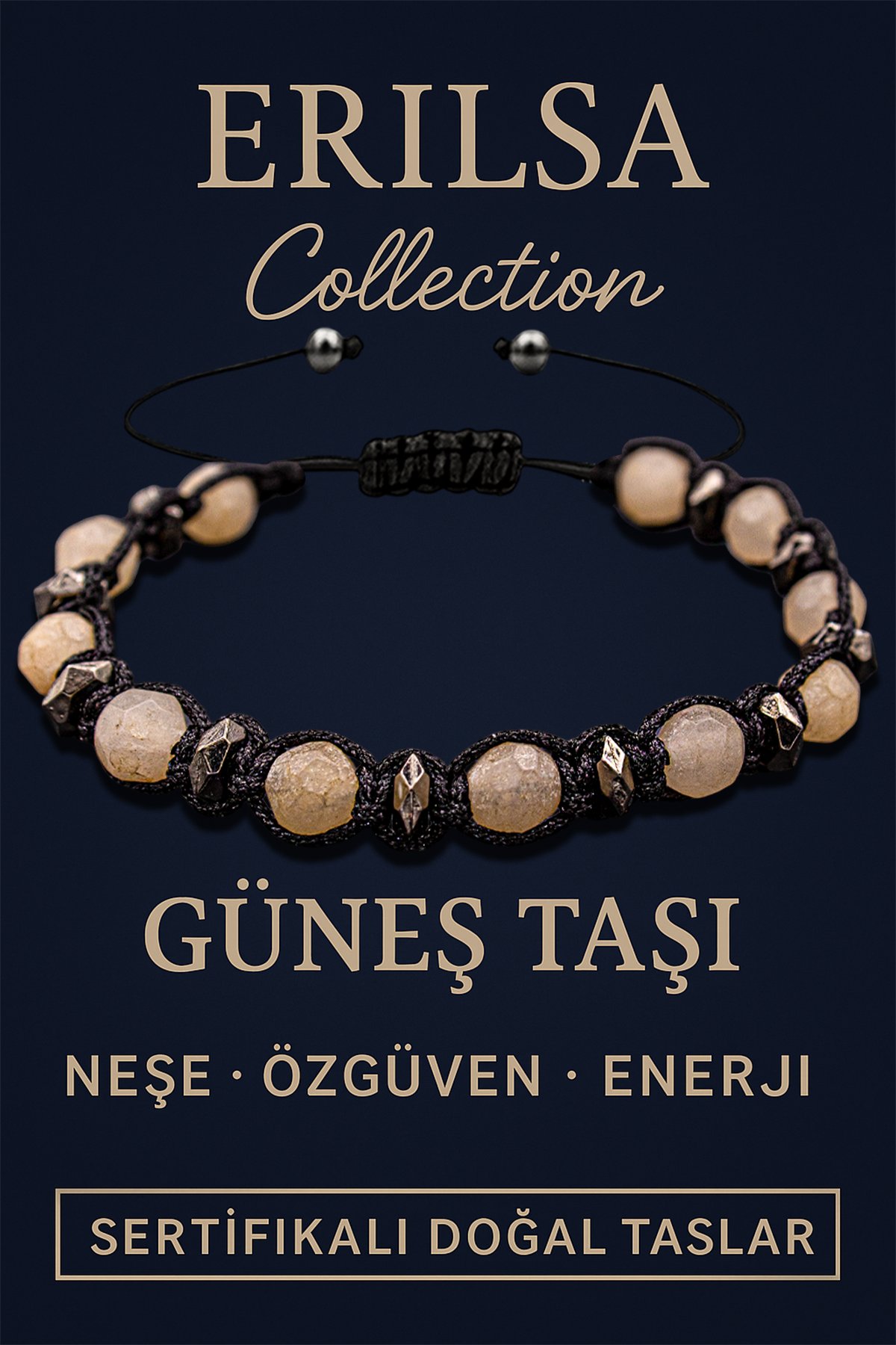 Sertifikalı Fasetli Terahertz &amp; Güneş Taşı Bileklik – Özgüven, Canlılık ve Koruyucu Enerji
