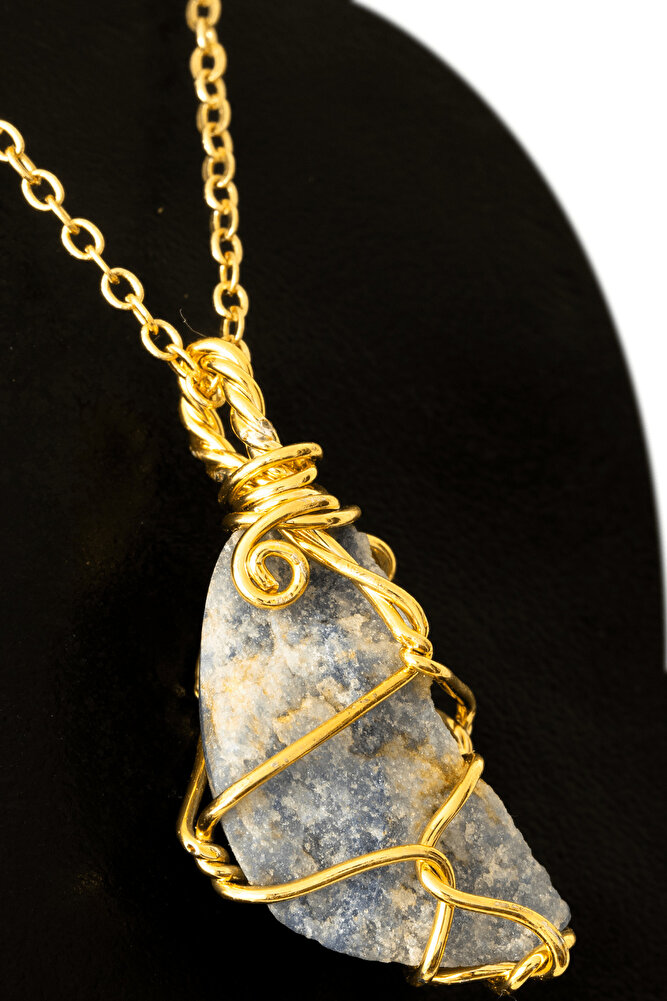 Sertifikalı Tel Sargılı Angelit - Melek Taşı Kolye - Altın Kaplama