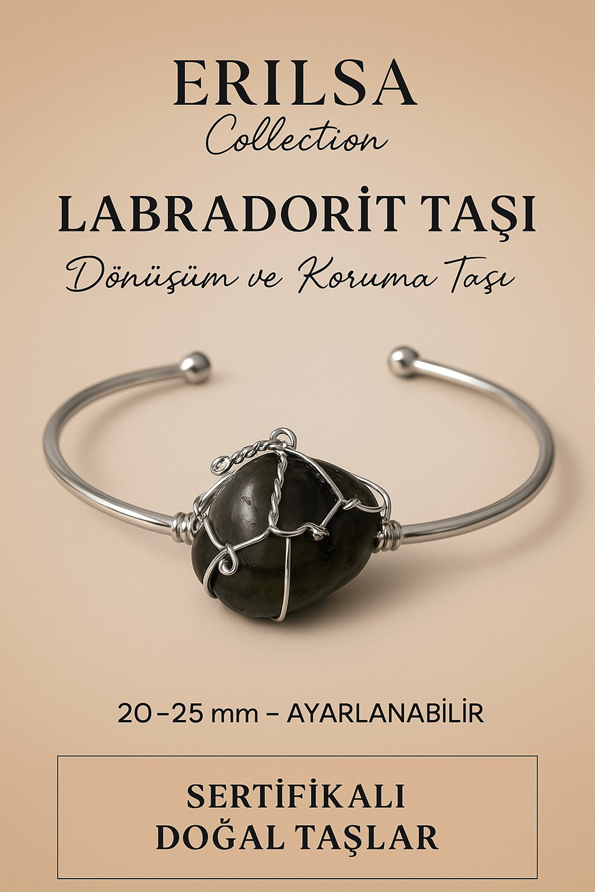 Sertifikalı Doğal Labradorit Taşı Gümüş Kaplama Ayarlanabilir Bileklik – Sezgi ve Dönüşüm