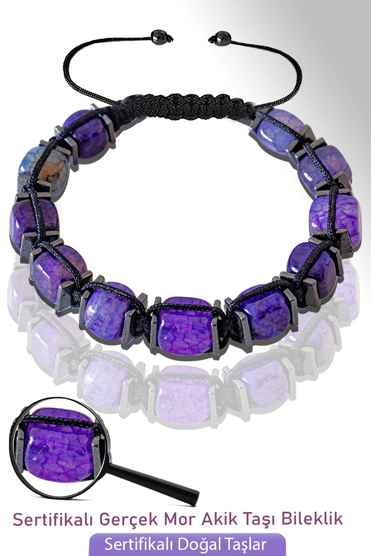 Sertifikalı Küp Model Doğal Mor Akik Taşı Bileklik - Ayarlamalı