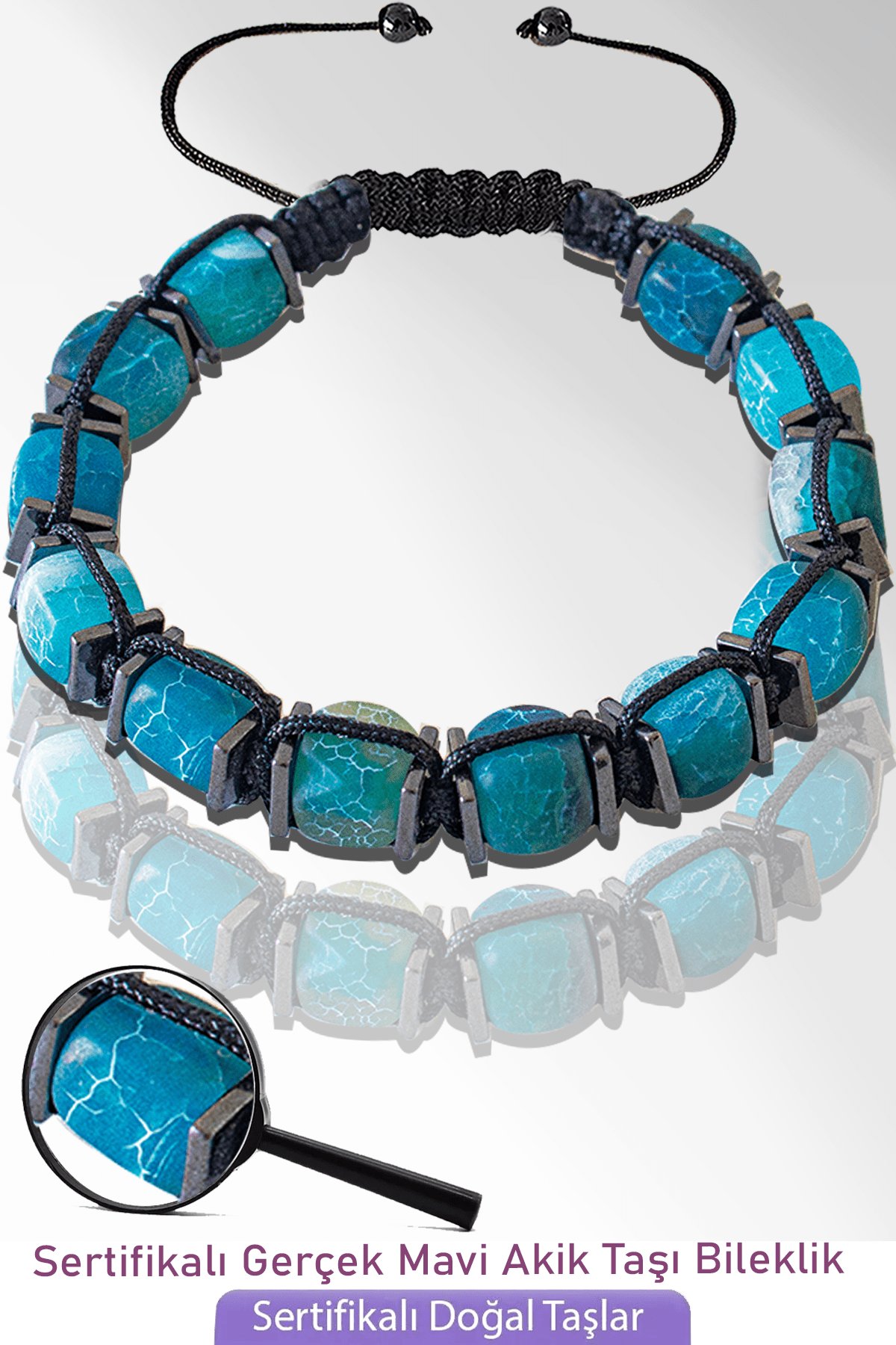 Sertifikalı Küp Model Ham Doğal Mavi Akik Taşı Bileklik - Ayarlamalı