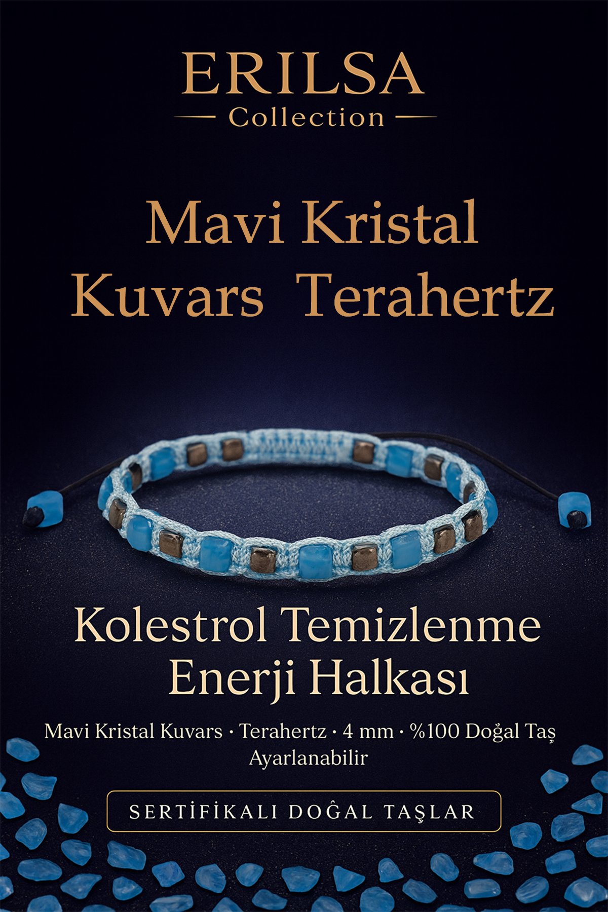 Sertifikalı Kolesterol Temizlenme Enerji Halkası – Mavi Kristal Kuvars ve Terahertz 4 mm
