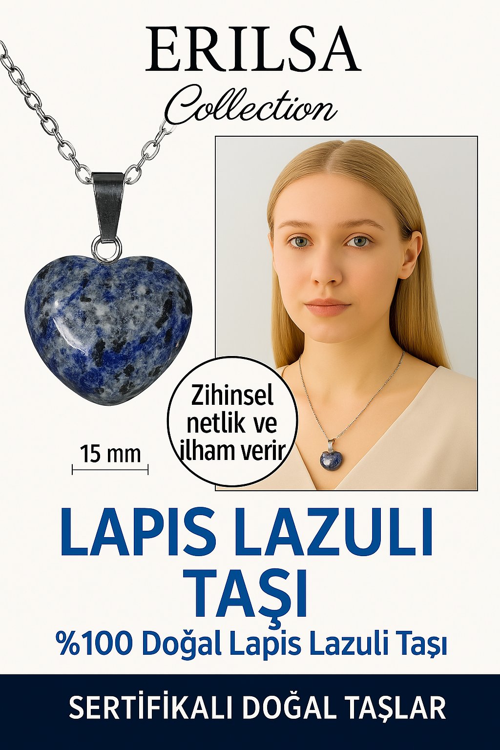 Sertifikalı Kalp Model Mini Lapis Lazuli Kolye – Bilgelik, İfade Gücü ve Ruhsal Derinlik Taşı