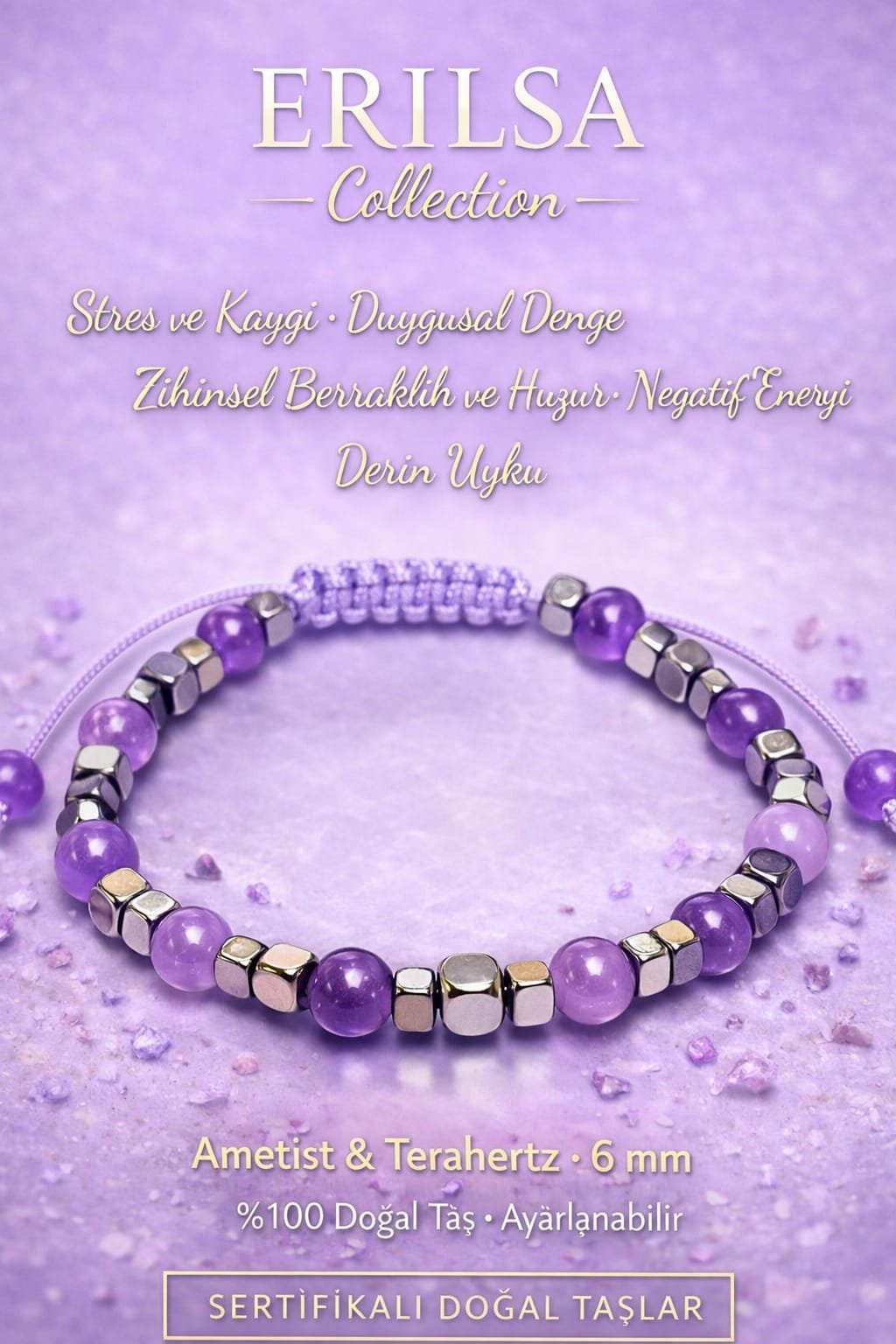 Sertifikalı Stres Kaygı Azaltıcı Duygusal Denge Bilekliği – Ametist Terahertz 6 mm Doğal Taş