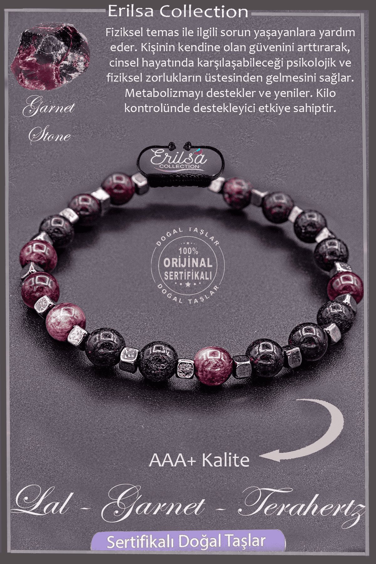 Sertifikalı AAA+ Kalite Gerçek Terahertz - Lal Garnet Granat Taşı Bileklik