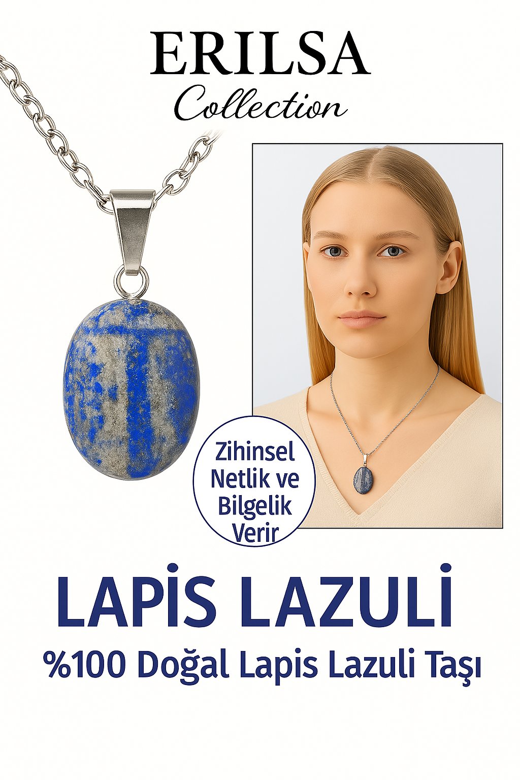 Sertifikalı Oval Lapis Lazuli Taşı Doğal Taş Kolye Gümüş Aparatlı Zihinsel Netlik Bilgelik Sağlar