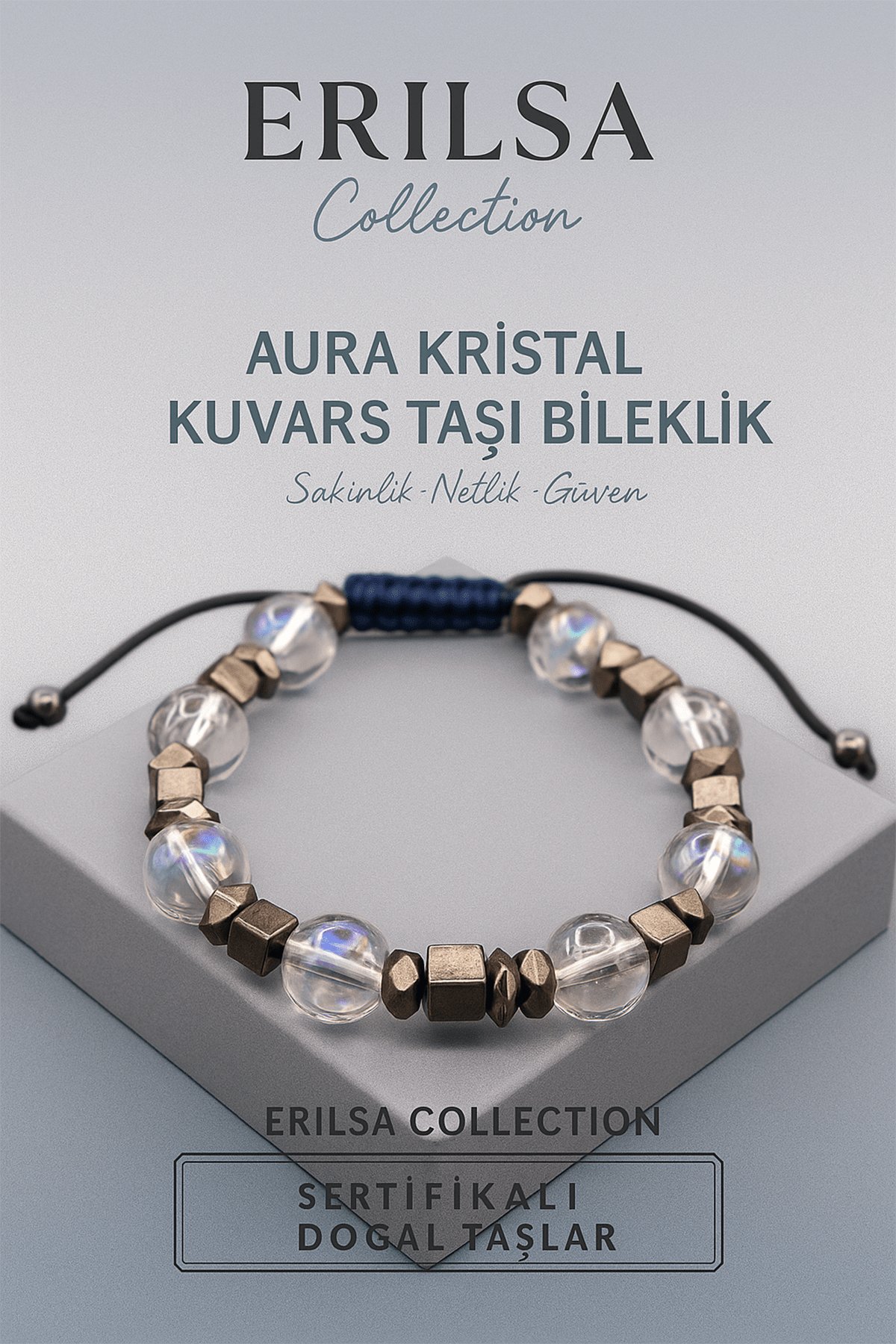 Sertifikalı Aura Kristal Kuvars Doğal Taş Bileklik 8x8 mm Sakinlik Netlik ve Güven Enerjisi Taşı