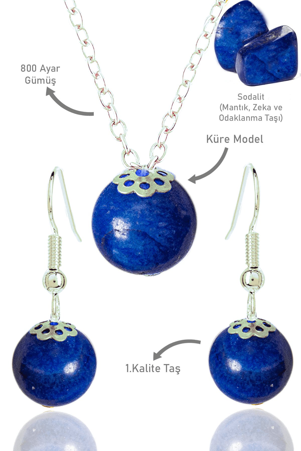 Sertifikalı Küre Model Sodalit Taşı Kolye ve Küpe Seti