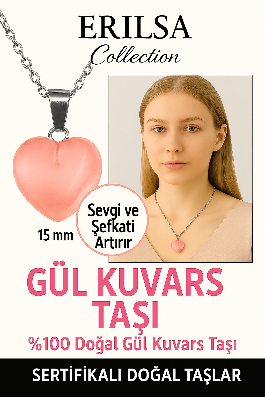 Sertifikalı Kalp Model Mini Gül Kuvars Kolye – Sevgi, Şefkat ve Kalp Çakrası Taşı