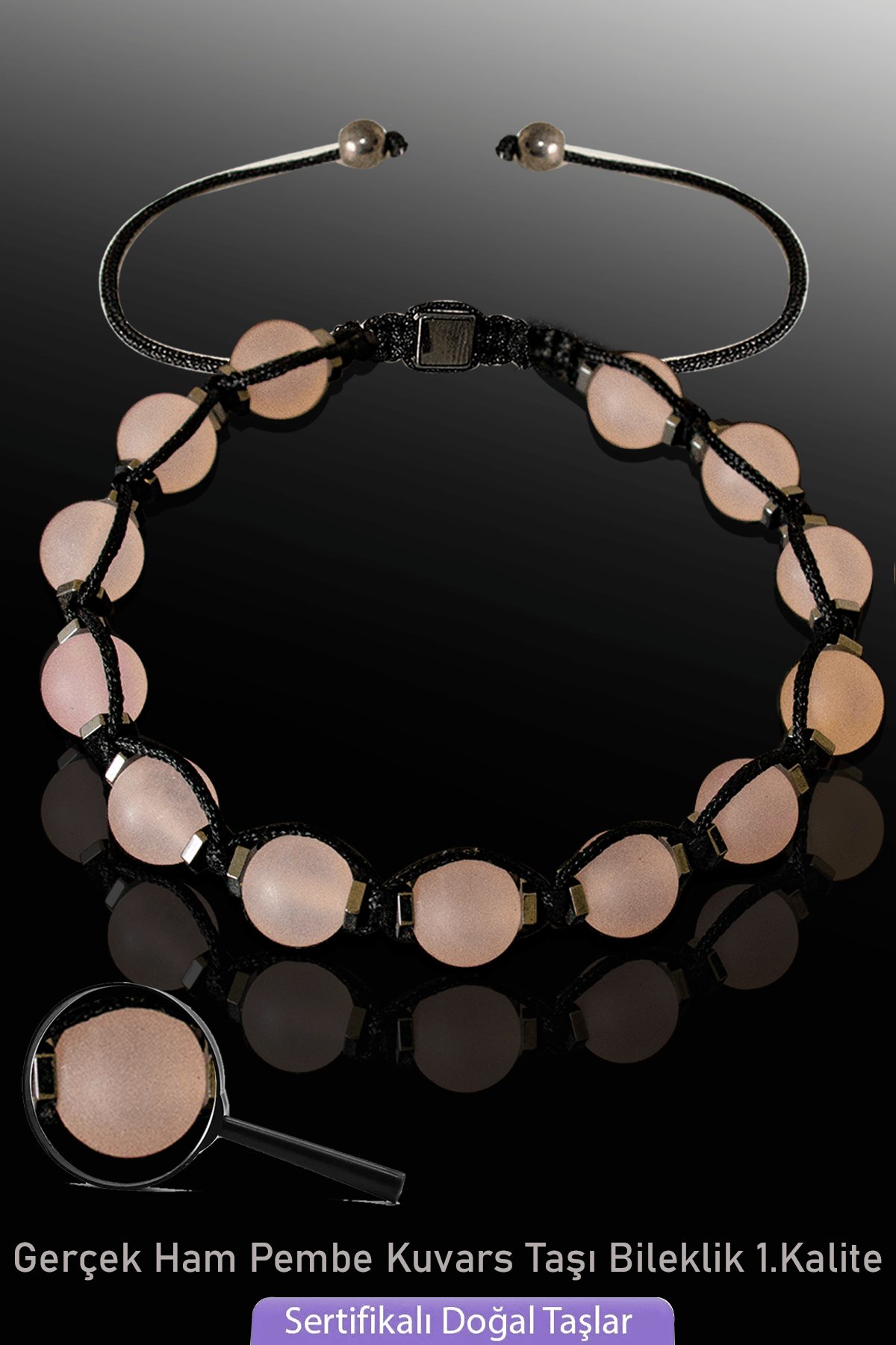 Sertifikalı Makrome Hematitli Gerçek Ham Pembe Kuvars Taşı Bileklik - Ayarlamalı