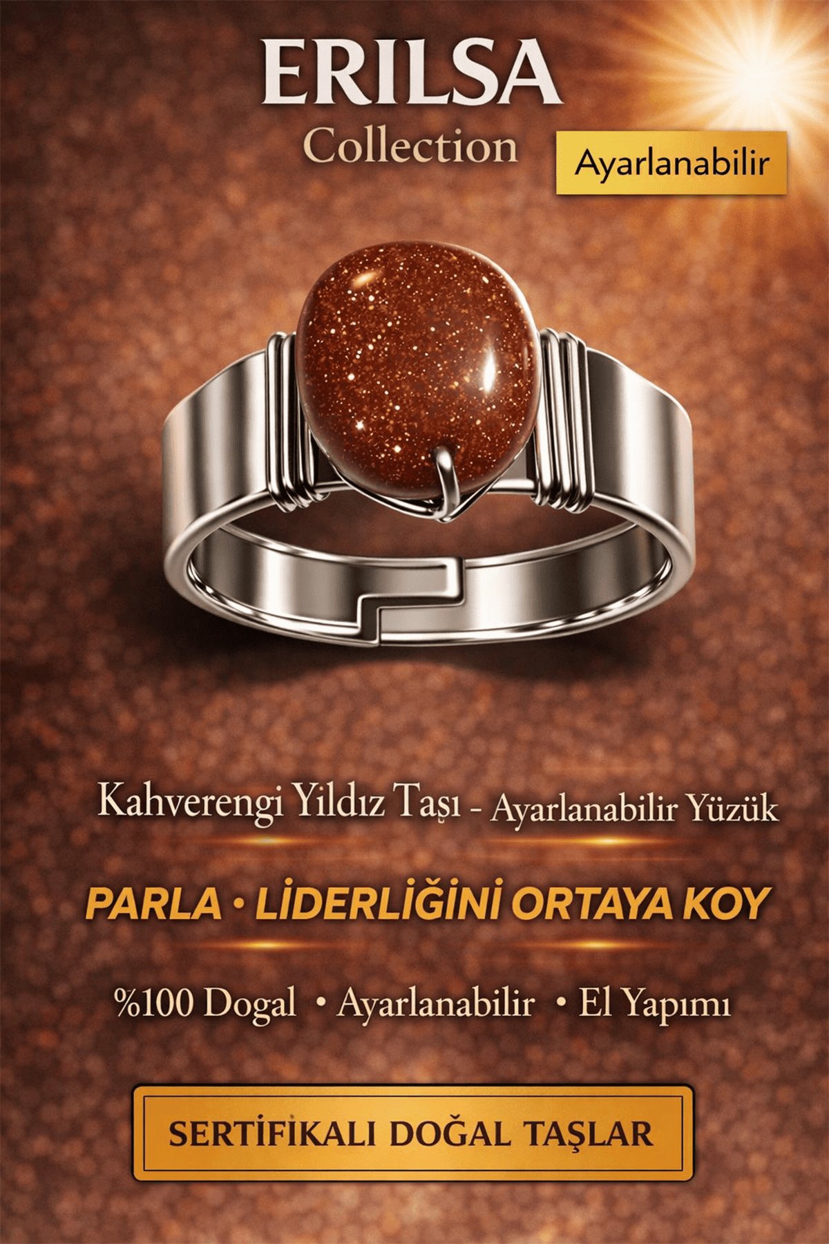 Sertifikalı Kahverengi Yıldız Taşı Yüzük Doğal Taş Ayarlanabilir El Yapımı Parlak Enerji Taşı