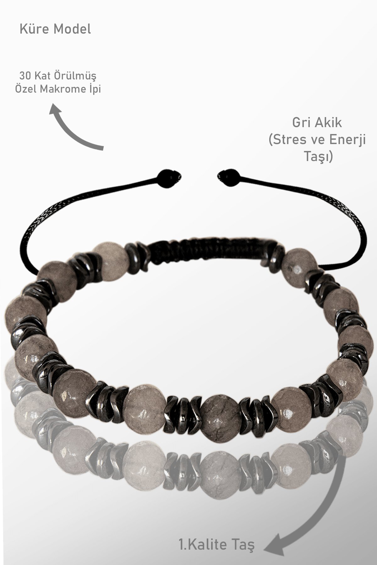 Sertfikalı Orijinal Fasetli Hematit - Gri Akik Taşı Bileklik - Ayarlamalı