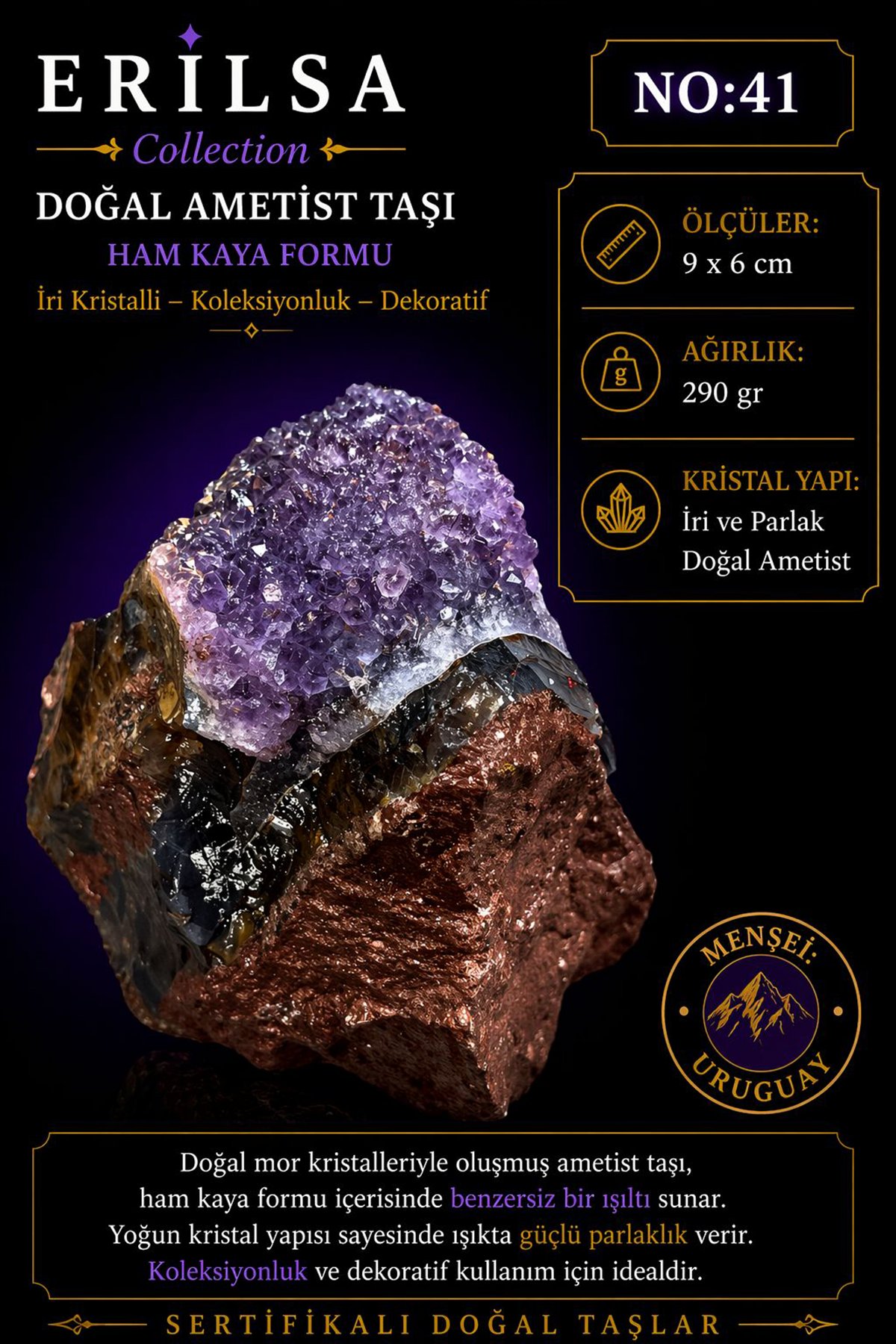 Sertifikalı Doğal Ametist Taşı Ham Kaya İri Kristalli Dekoratif Koleksiyonluk NO41