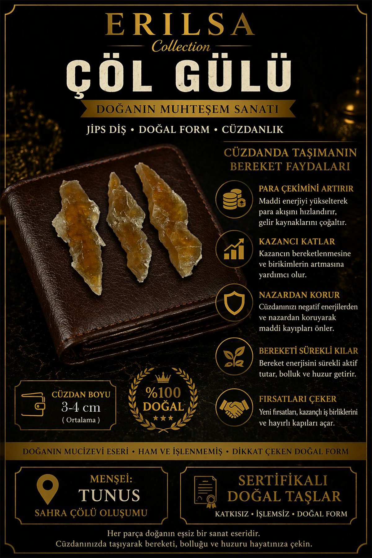 Sertifikalı Çöl Gülü Taşı Kütle - Cüzdanlık Boy Doğal Jips Kristal Bereket Taşı