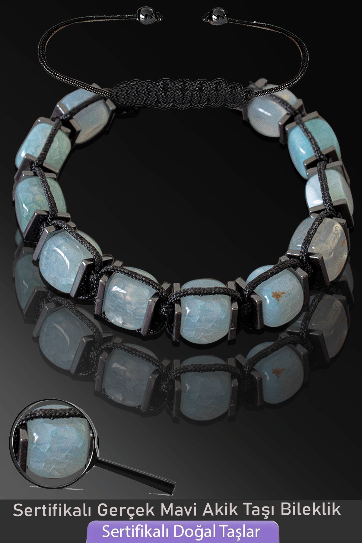 Sertifikalı Küp Model Doğal  Açık Mavi Akik Taşı Bileklik - Ayarlamalı