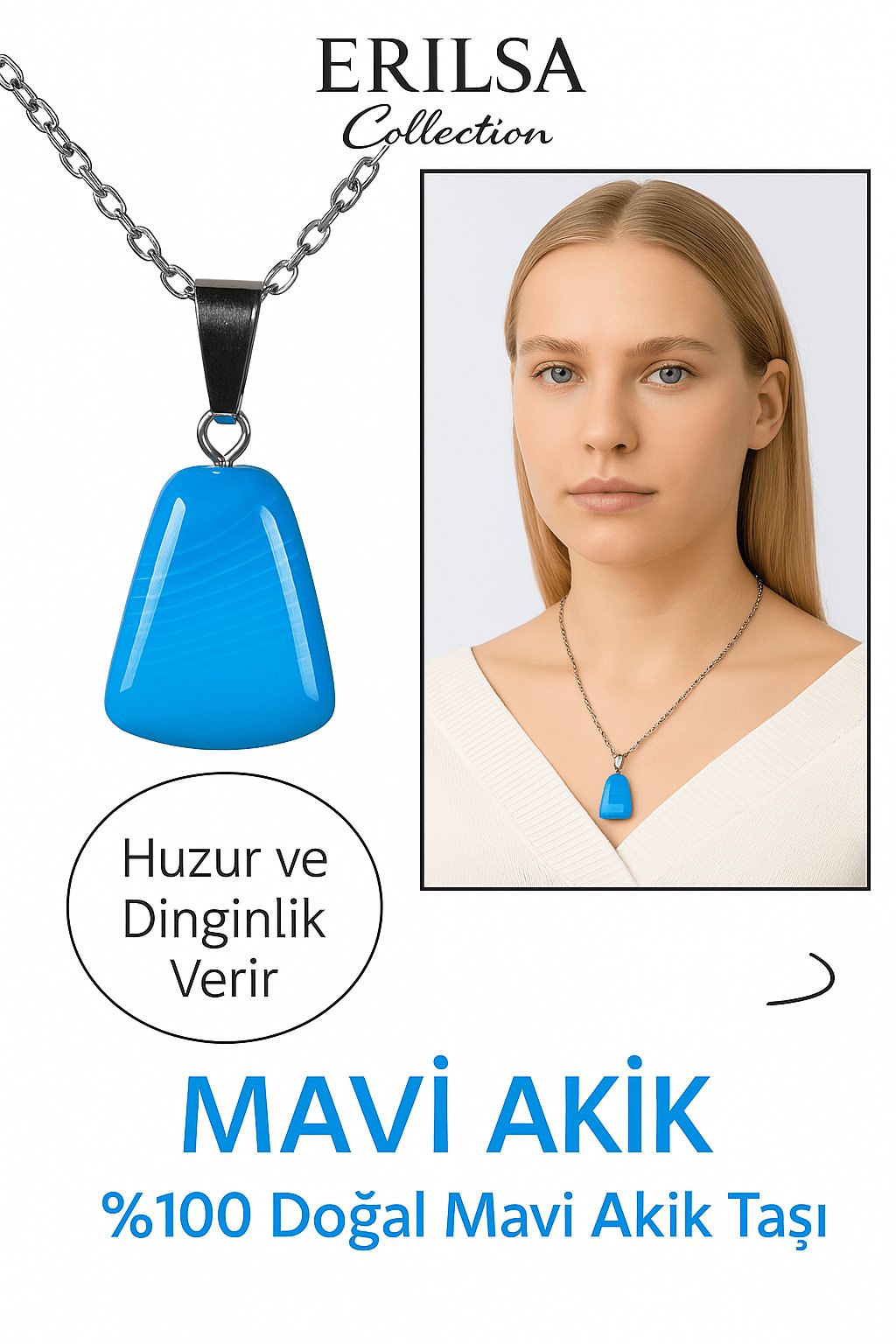 Sertifikalı AAA+ Mavi Akik Taşı Kolye – Beşgen Model, Gümüş Aparatlı