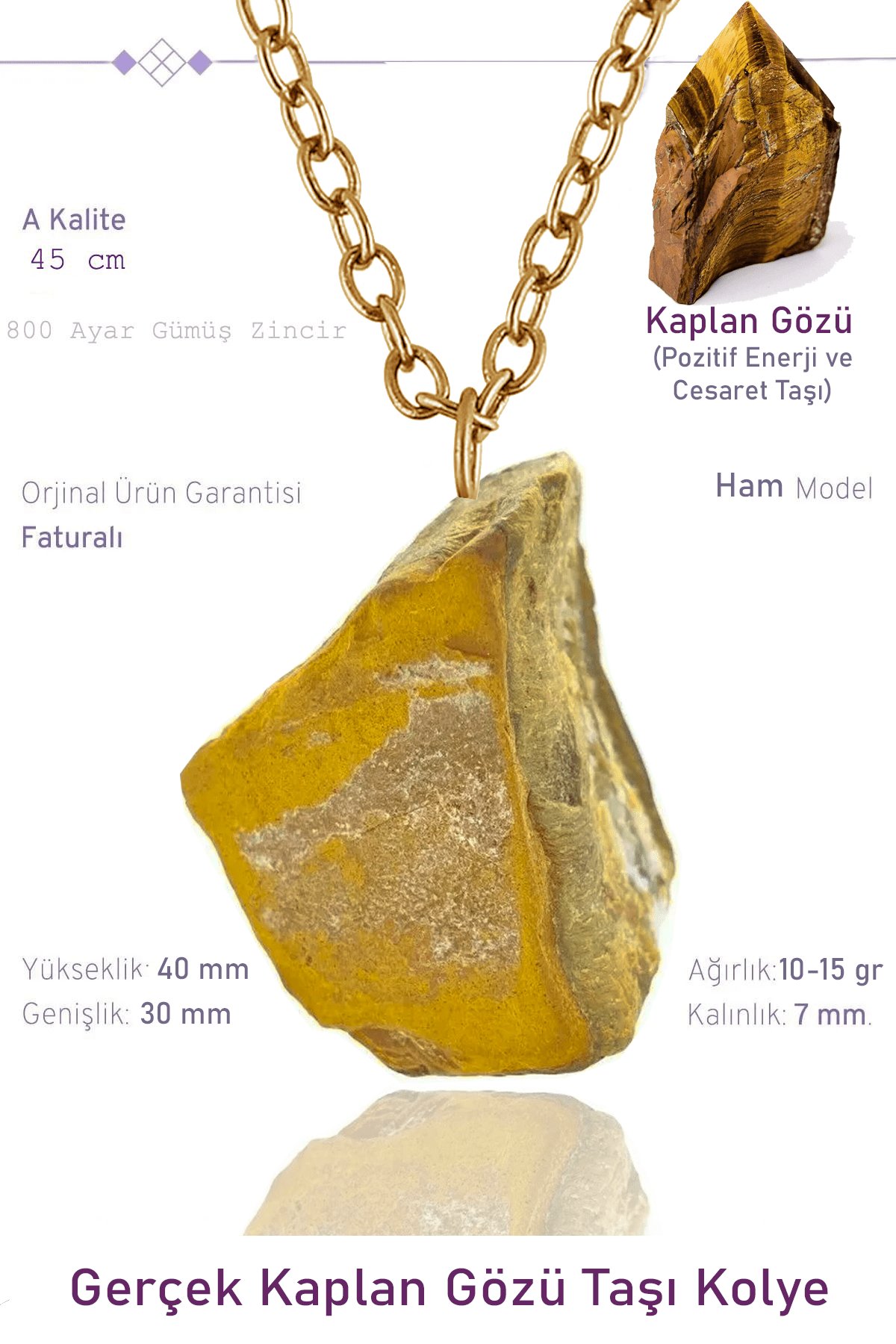 Sertifikalı Ham İşlenmemiş Kaplan Gözü Taşı Kolye - 24k Altın Kaplama