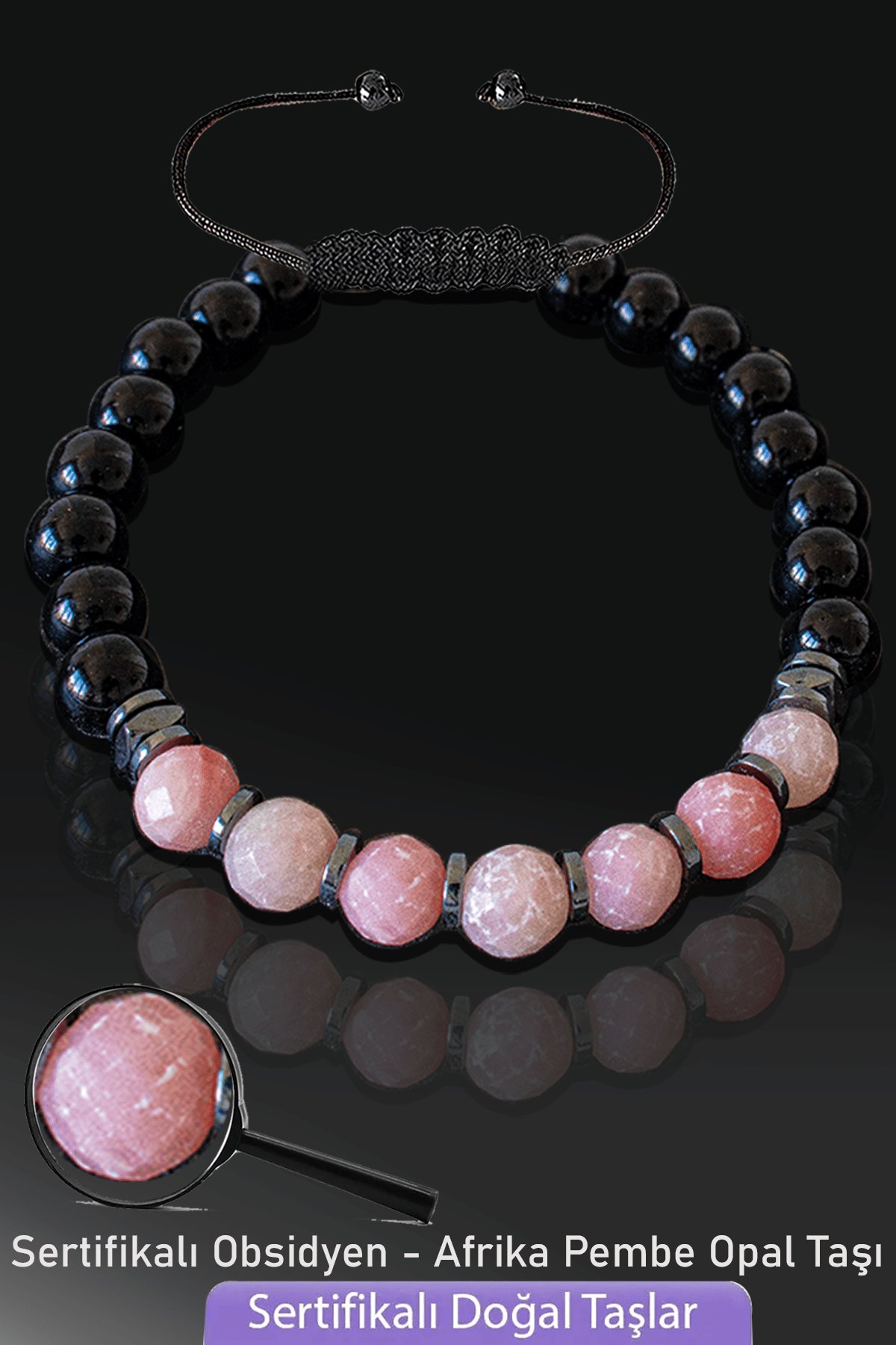  Sertifikalı Doğal Obsidyen - Afrika Pembe Opal Taşı Bileklik - Ayarlamalı