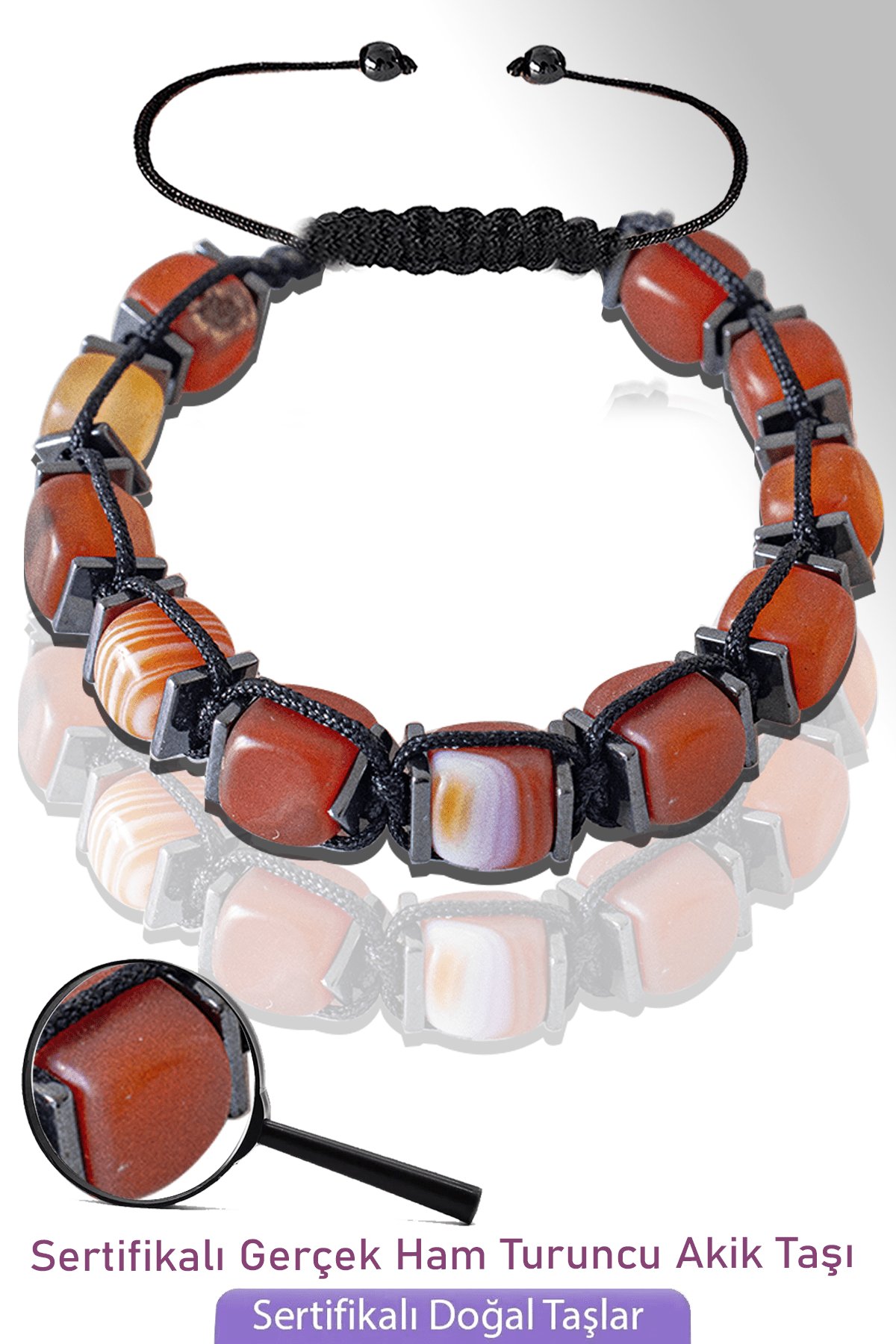 Sertifikalı Küp Model Ham Doğal Karnelyan Karneol Akik Taşı Bileklik - Ayarlamalı