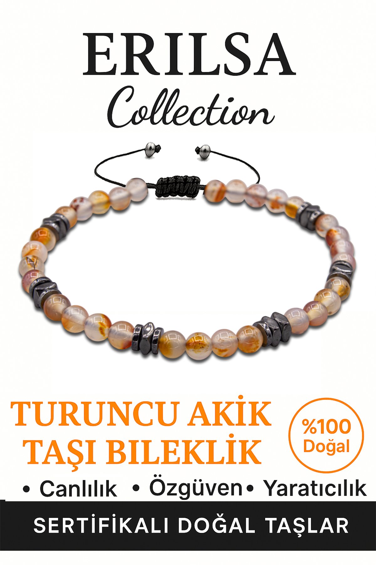 Sertifikalı AAA+ Terahertz ve Turuncu Akik Taşı Bileklik – İnce Model Yaratıcı Enerji