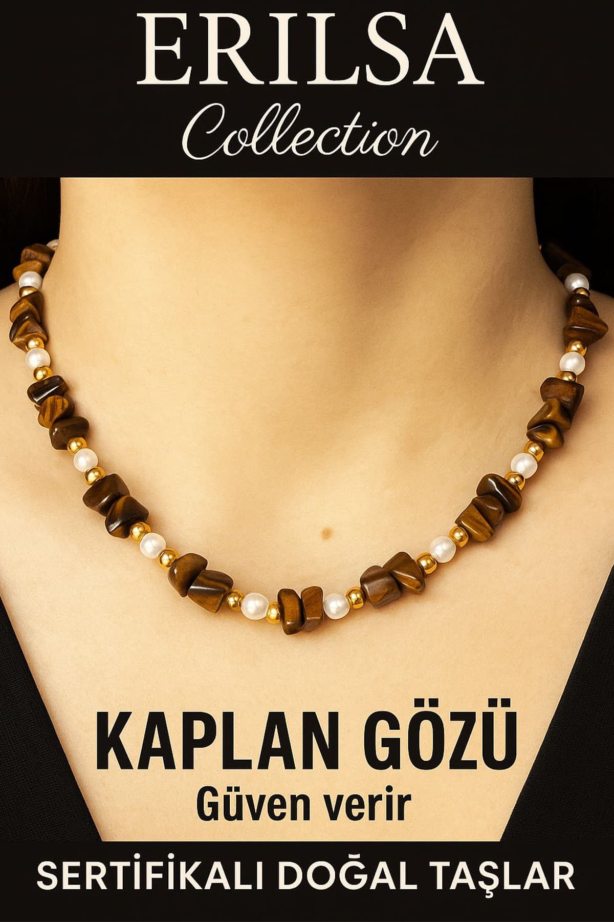 Sertifikalı Kırık Taşlı Model İnci – Kaplan Gözü Taşı Kolye – Koruma ve Güç Enerjisi