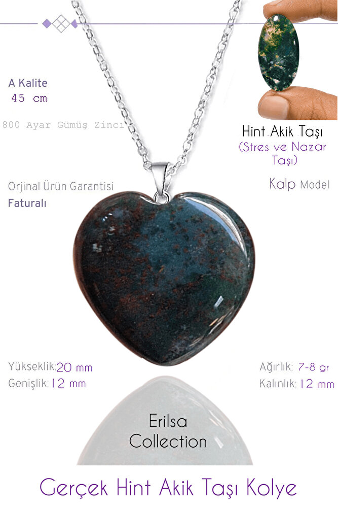 Sertifikalı Gerçek Kalp Model Hint Akik Taşı Kolye
