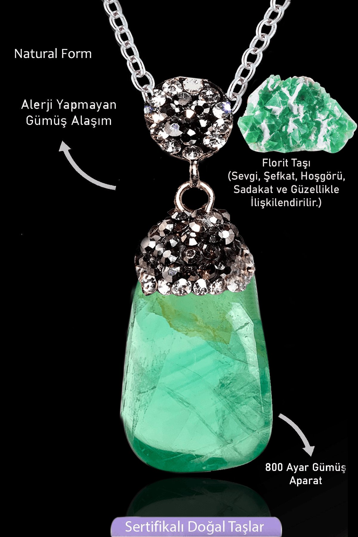 Sertifikalı Zirkon Taşlı Model Ham Yeşil Florit Taşı Kolye