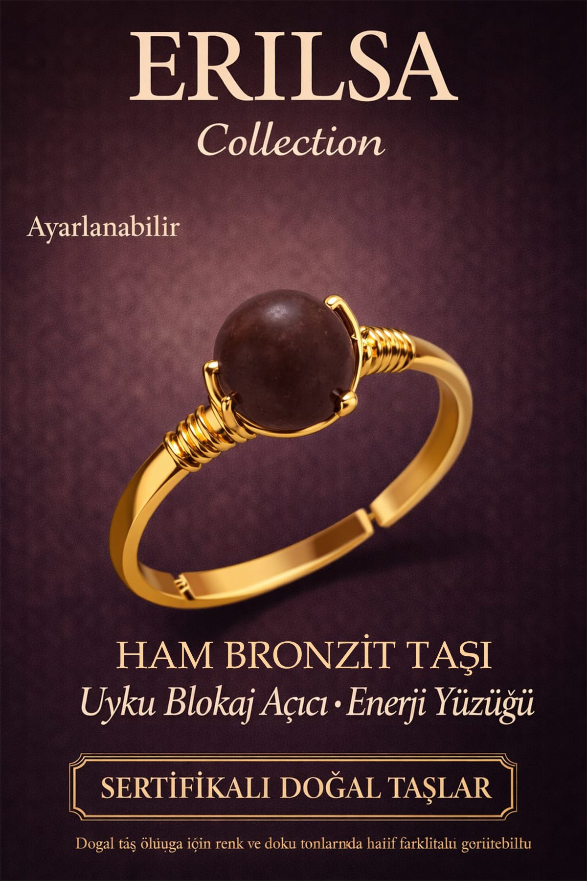 Sertifikalı Uyku Blokaj Açıcı Enerji Yüzüğü - Ham Bronzit Taşı Gold Ayarlanabilir Oğlak Boğa