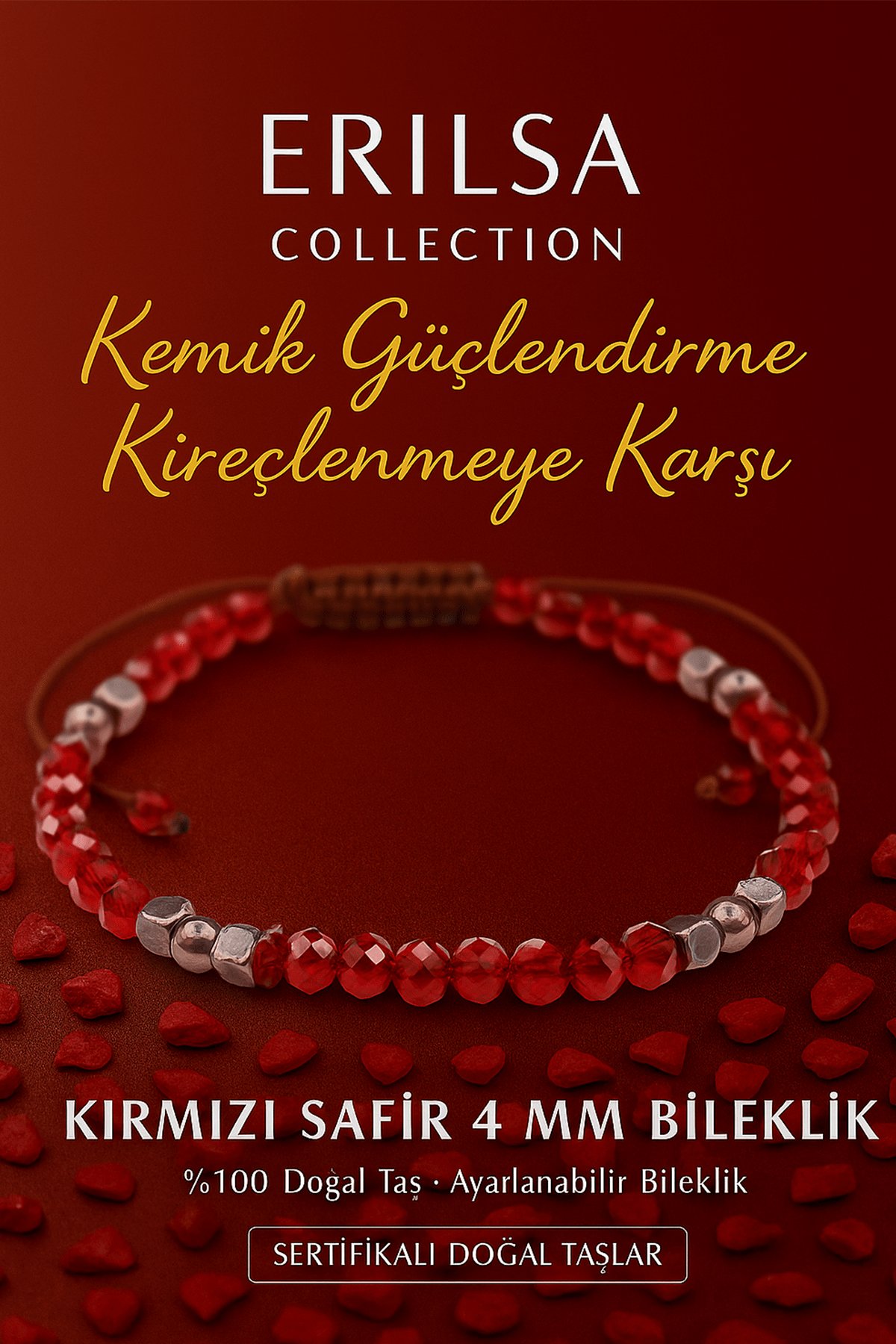 Sertifikalı Kemik Güçlendirme ve Kireçlenme Karşıtı Bileklik - Kırmızı Safir Terahertz Doğal Taş