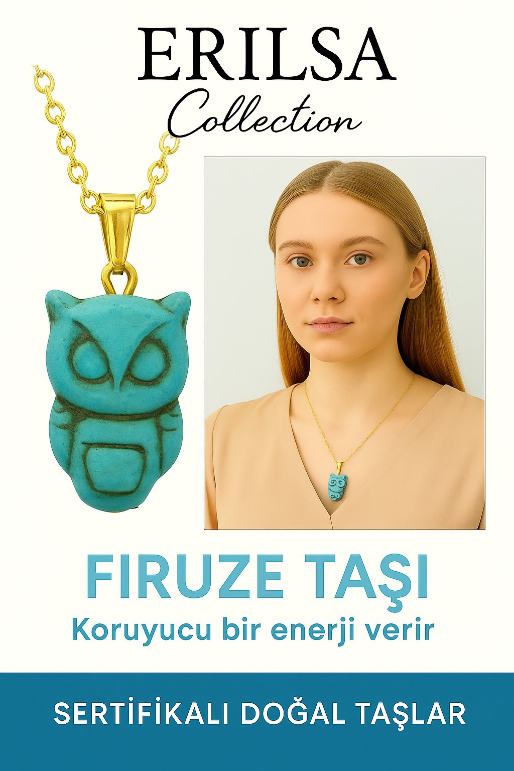 Sertifikalı Baykuş Model Firuze Taşı Kolye – Bilgelik, Koruma ve Ruhsal Şifa Taşı