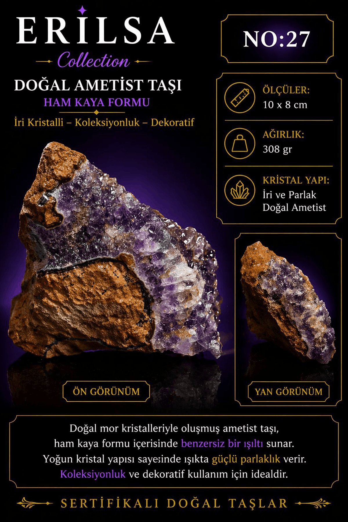 Sertifikalı Doğal Ametist Taşı İri Kristalli Ham Kaya Dekoratif Koleksiyonluk