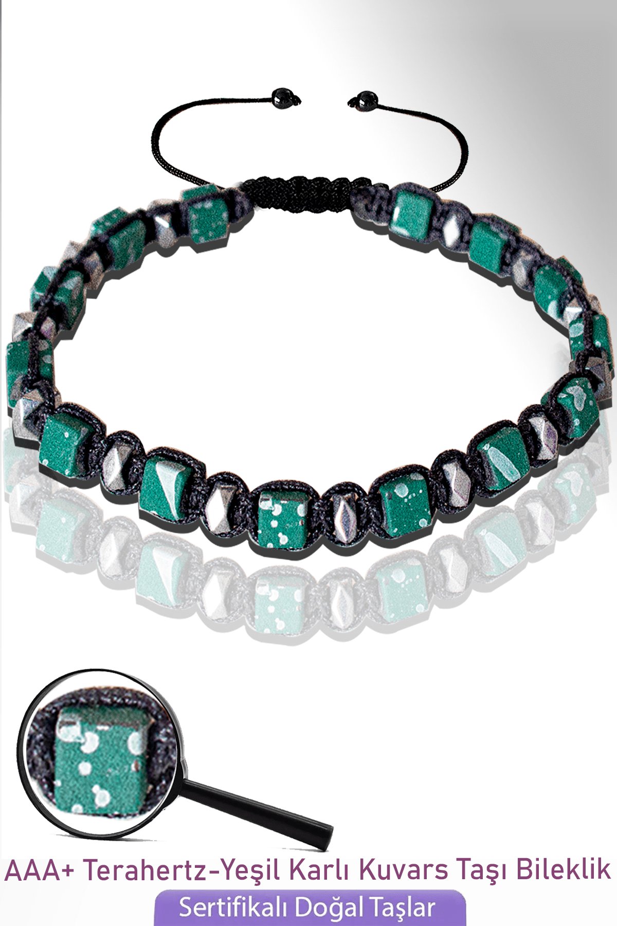 Sertifikalı Küp Model Yeşil Karlı Kuvars Taşı Bileklik - Ayarlamalı