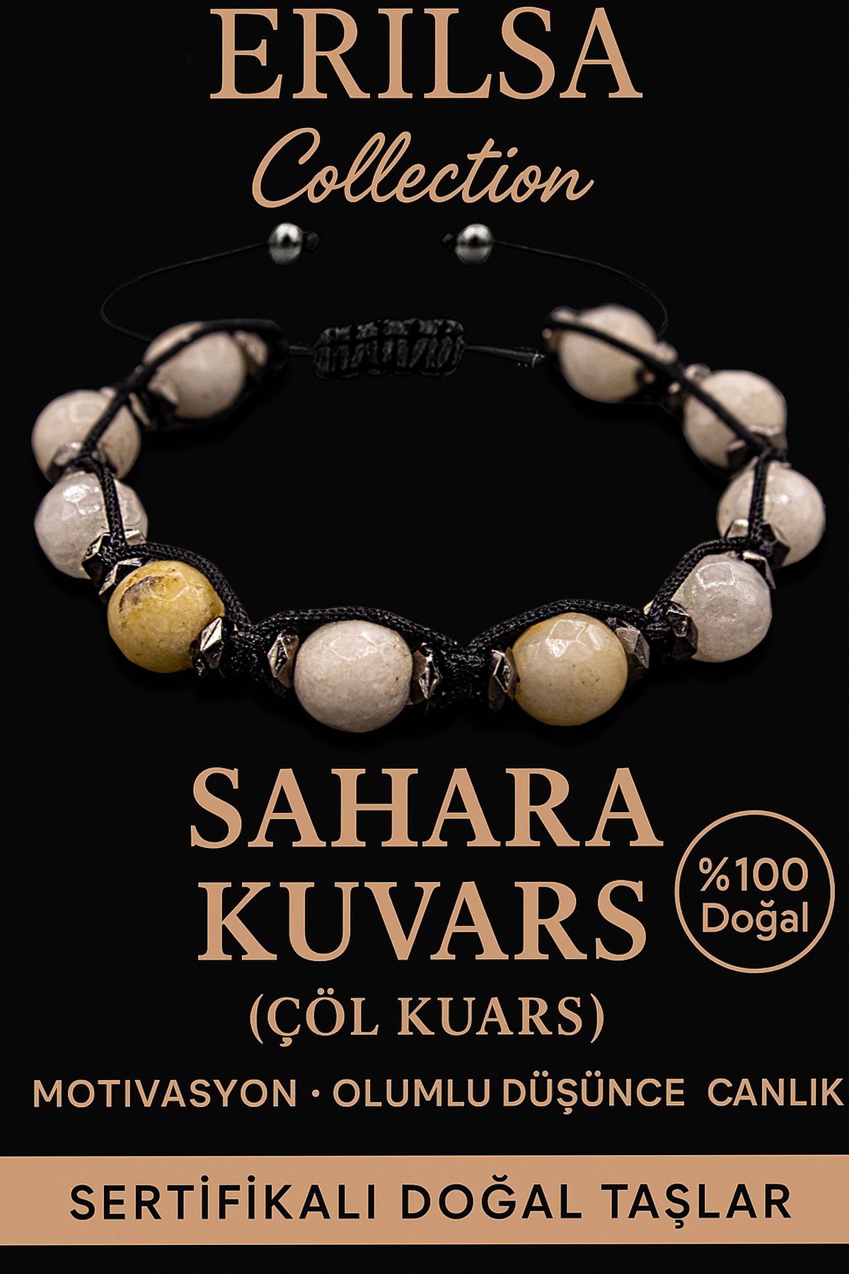 Sertifikalı İri Boy Fasetli Terahertz &amp; Sahara (Çöl) Kuvars Taşı Bileklik – Denge, Arınma ve Güçlü Koruma