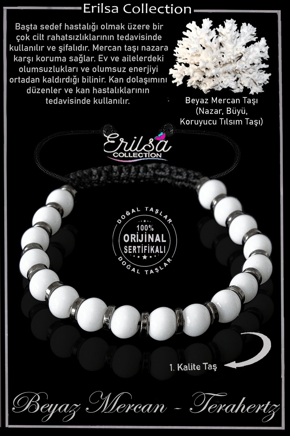 Sertifikalı Gerçek Hematit - Beyaz Mercan Taşı Bileklik - Ayarlamalı