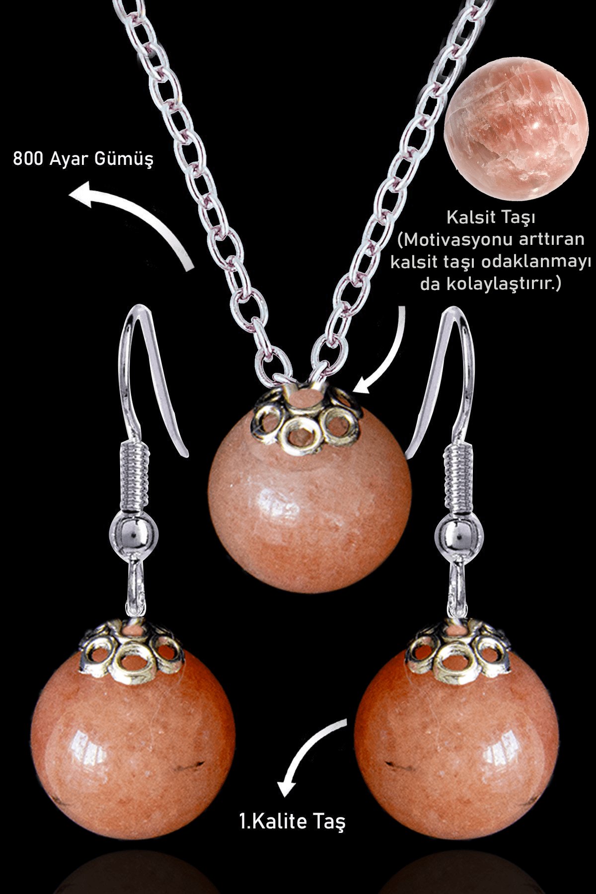 Sertifikalı Küre Model Kalsit Taşı Kolye ve Küpe Seti - Gümüş Aparatlı