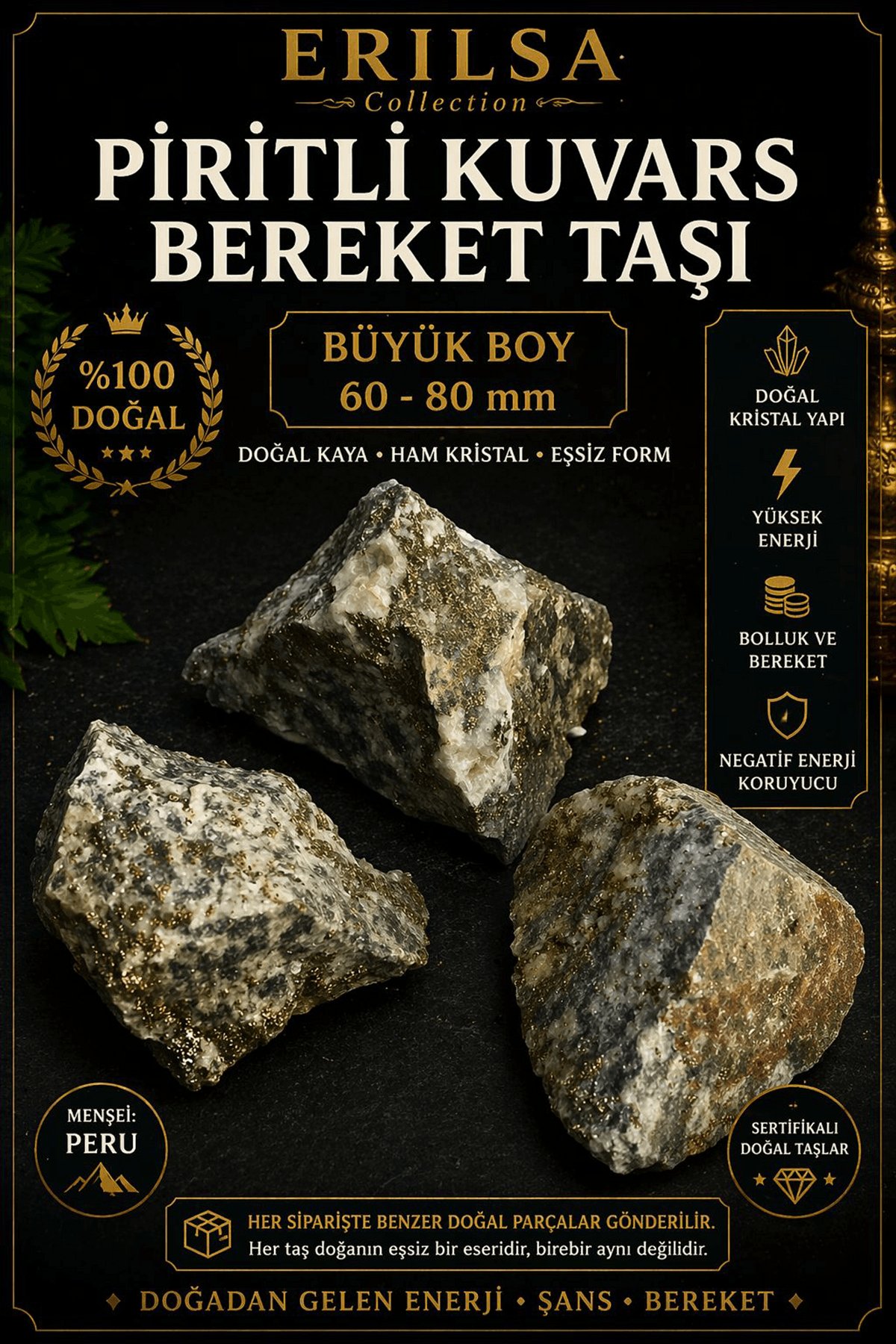 Sertifikalı Piritli Kuvars Bereket Taşı Doğal Ham Kaya 60-80 mm Büyük Boy