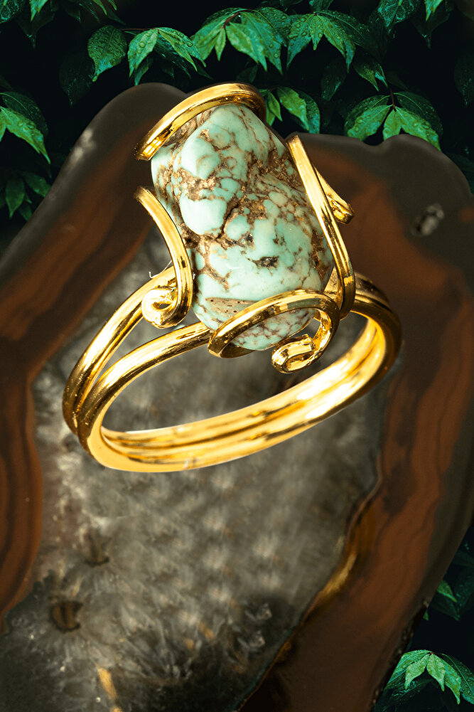 Sertifikalı Rokoko Model Altın Kaplama Firuze - Turkuaz Taşı Yüzük - Ayarlamalı